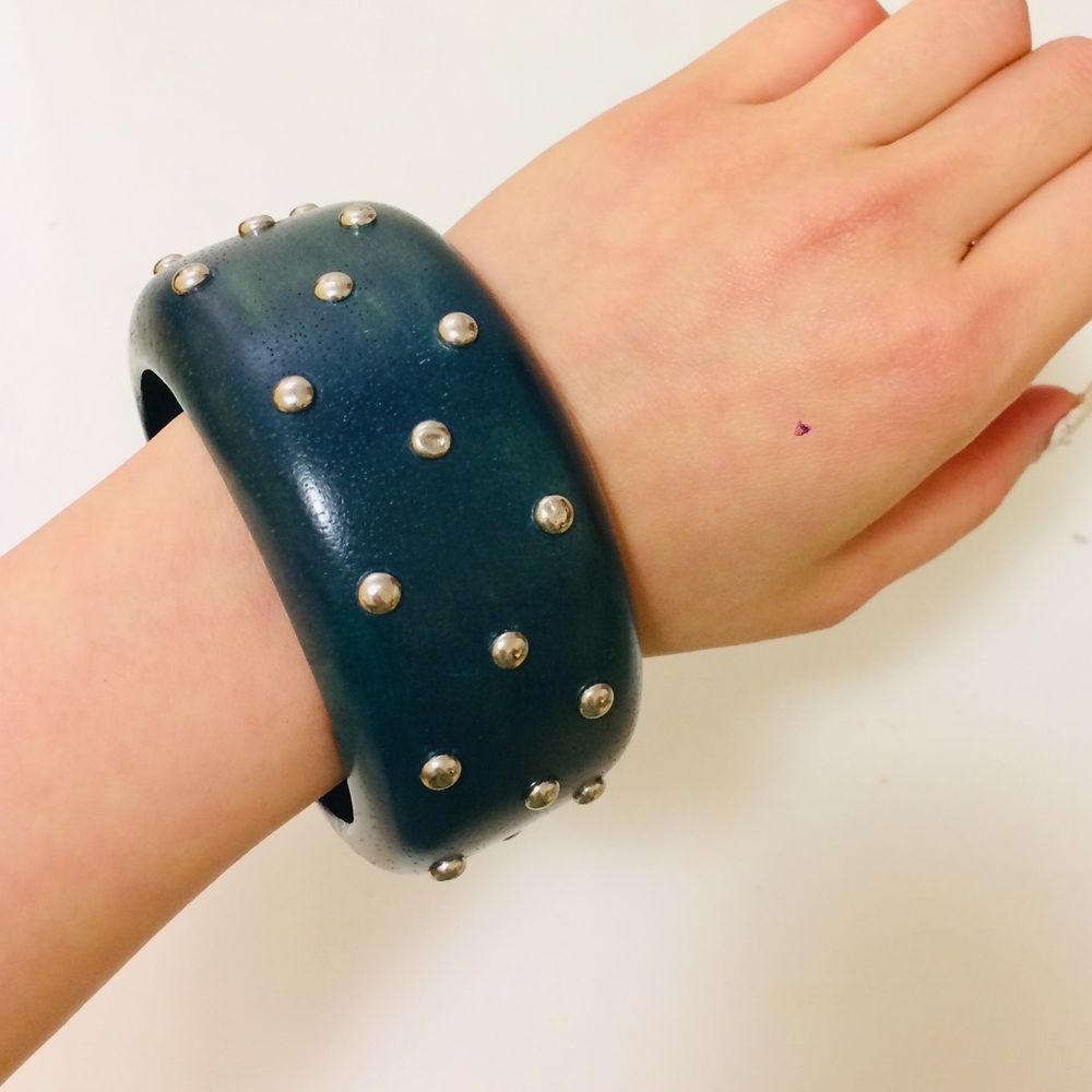 Dark Teal Silver Metal Polka Dot Bangle Bracelet